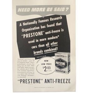 Vintage 1939 Prestone Anti Freeze Need More Be Said Ad Advertisement